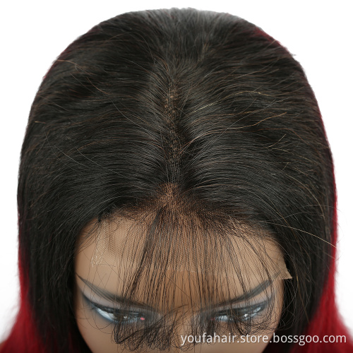 Factory Price Brazilian Virgin Human Hair Red Wine Ombre Color 1b/burgundy 4x4 Transparent HD Lace Closure Wigs for Black Women